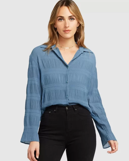 Belle & Bloom Yoko Shirred Chiffon Blouse - Dusty Blue Final Sale Hot