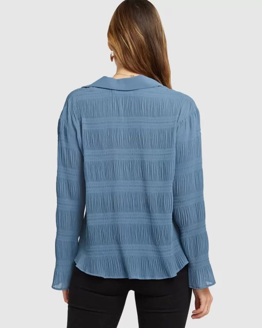 Belle & Bloom Yoko Shirred Chiffon Blouse - Dusty Blue Final Sale Flash Sale