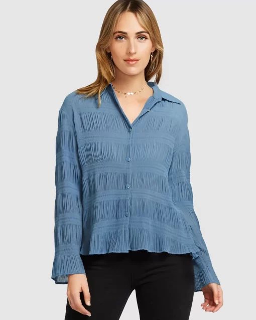 Belle & Bloom Yoko Shirred Chiffon Blouse - Dusty Blue Final Sale Hot