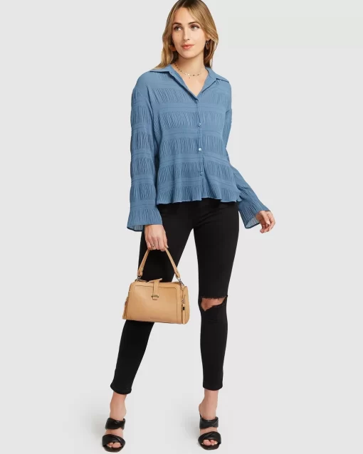 Belle & Bloom Yoko Shirred Chiffon Blouse - Dusty Blue Final Sale Hot