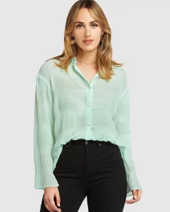 Belle & Bloom Yoko Shirred Chiffon Blouse - Mint Final Sale Flash Sale