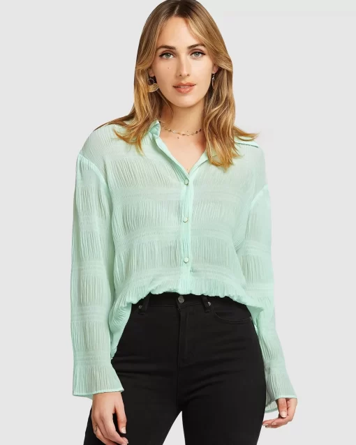 Belle & Bloom Yoko Shirred Chiffon Blouse - Mint Final Sale Cheap