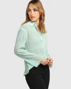 Belle & Bloom Yoko Shirred Chiffon Blouse - Mint Final Sale Flash Sale