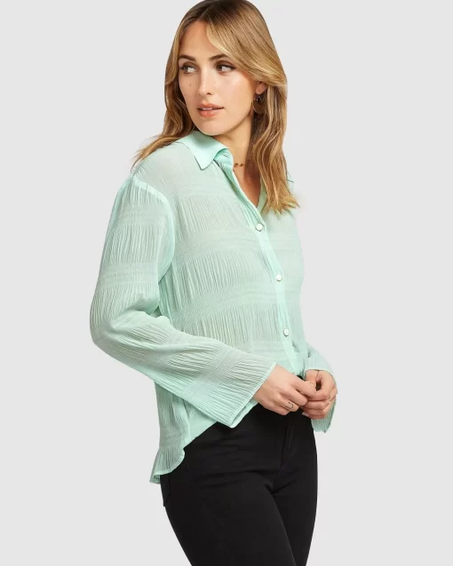 Belle & Bloom Yoko Shirred Chiffon Blouse - Mint Final Sale Cheap