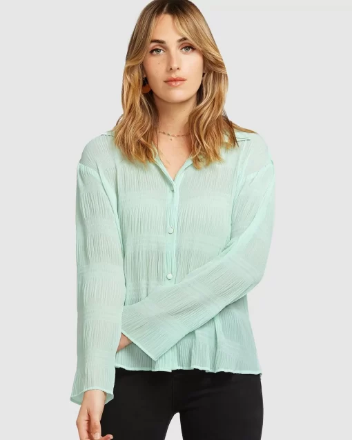 Belle & Bloom Yoko Shirred Chiffon Blouse - Mint Final Sale Flash Sale